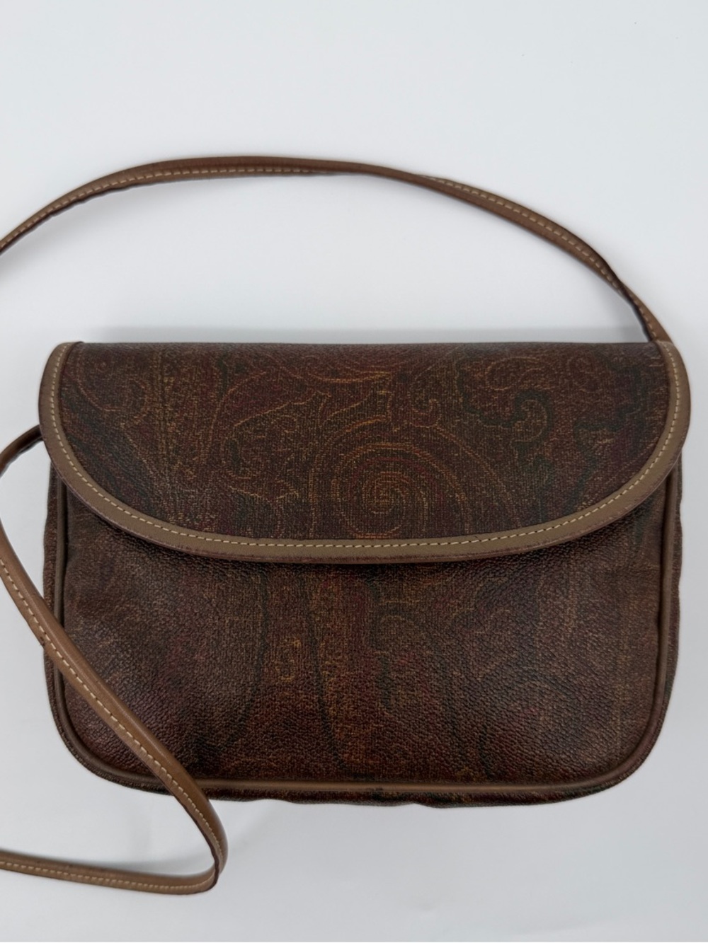 Vintage 1990 Brown Paisley-Embossed Leather Crossbody Bag